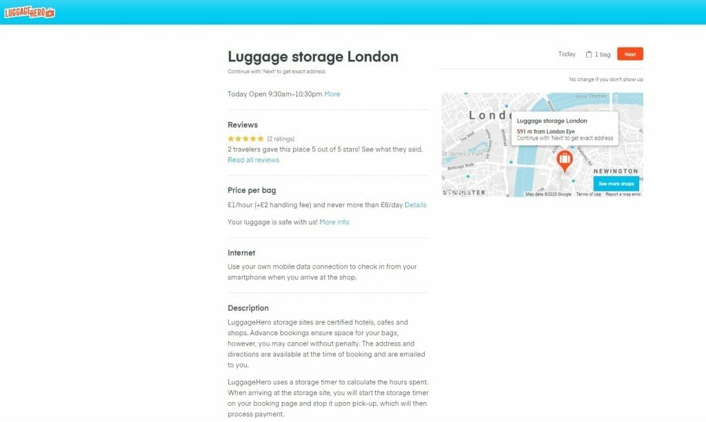 Description and review page for a luggage storage location in London on Luggage Hero