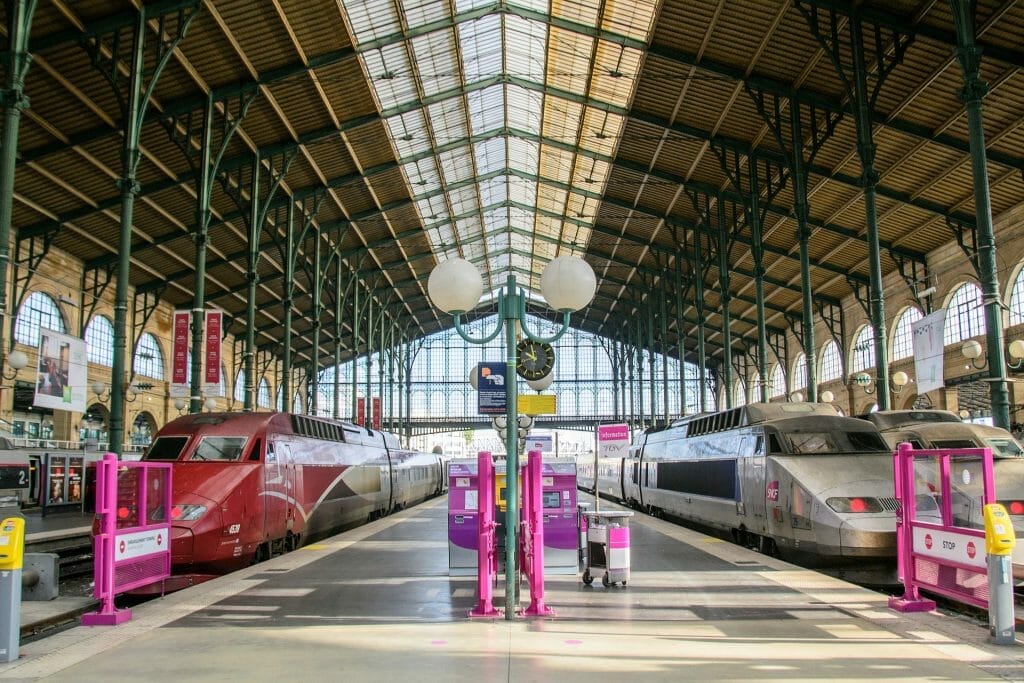 Paris train station with two trains