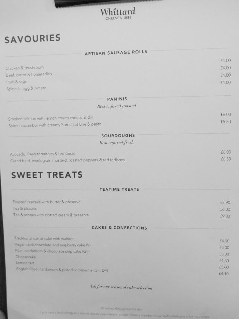 Whittard Covent Garden afternoon tea menu