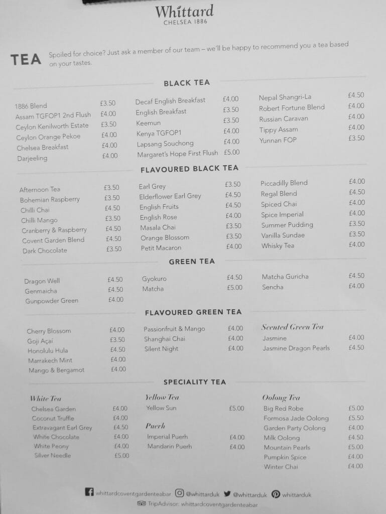 Whittards Covent Garden afternoon tea menu
