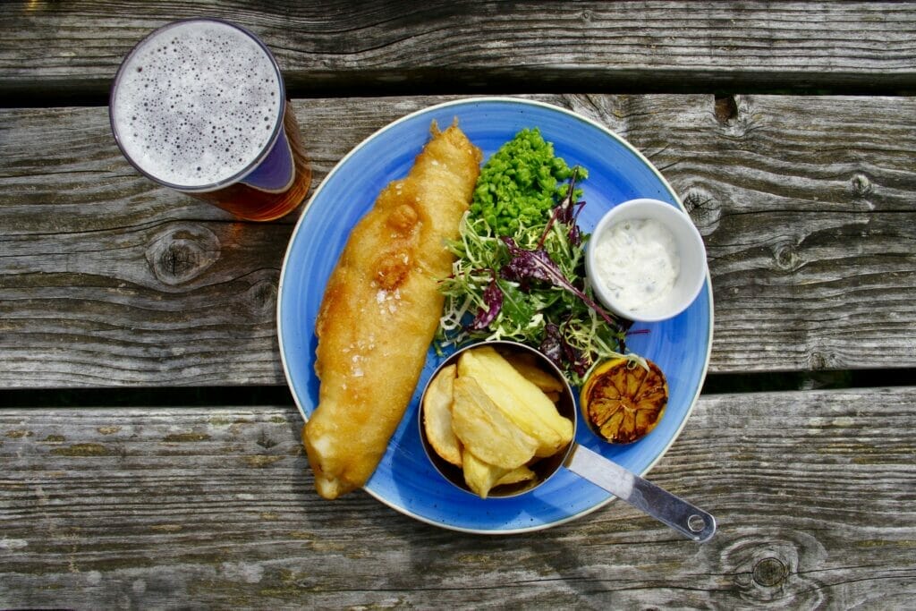 Fish and chips on a table