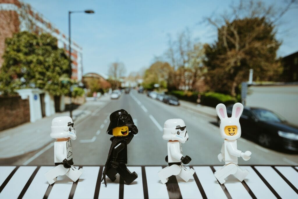 Lego characters crossing abby road