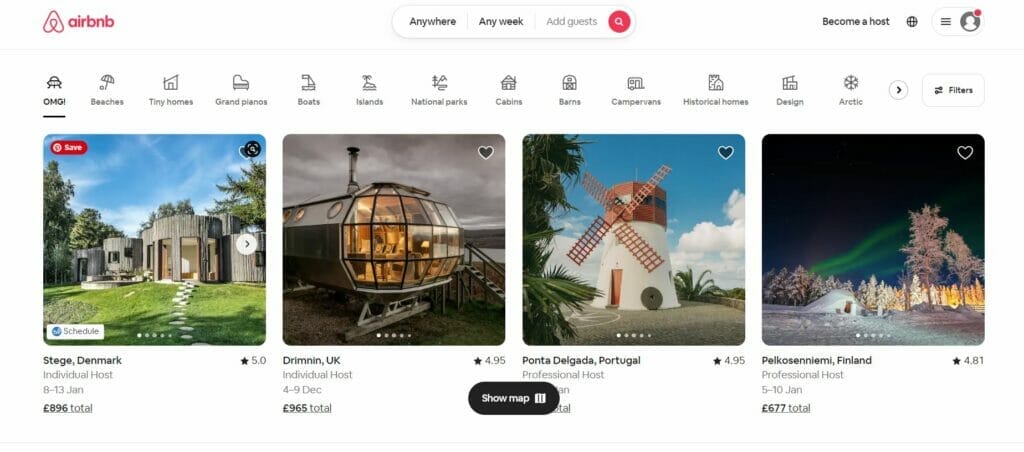 AirBnb home page